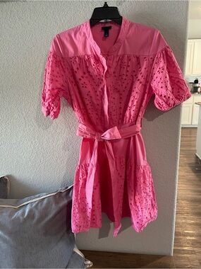Scoop NYC Bright Pink Eyelet Waist-Tie Dress